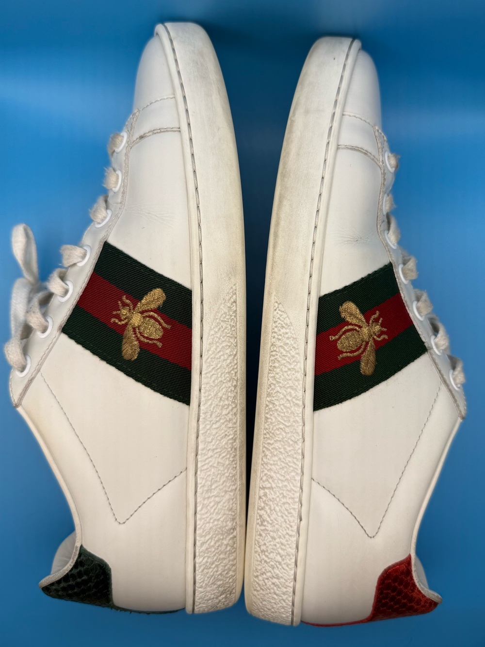 Gucci White Leather Sneakers with Red & Green and Gold Bee